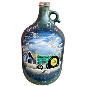 John Deere Glass‎ Jug Farm Aid Hand Painted Folk Art Tractor Green OS